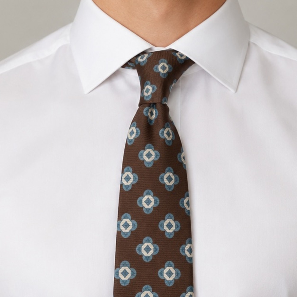 Kiton Brown Silk Tie with Blue Floral Motif